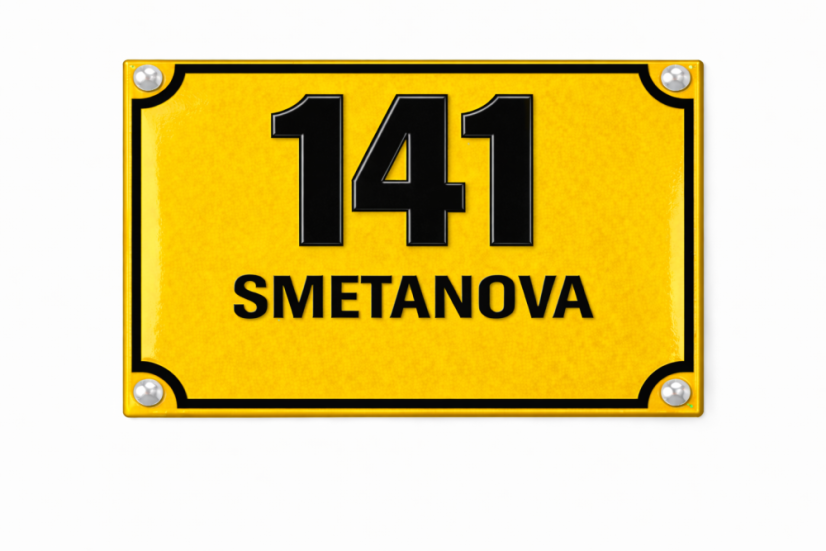 Smaltované Domovní číslo s dodatkovým řádkem - Rozměr: 200x160 mm (20x16 cm), Barva podkladu: žlutá, Barva písma: černá