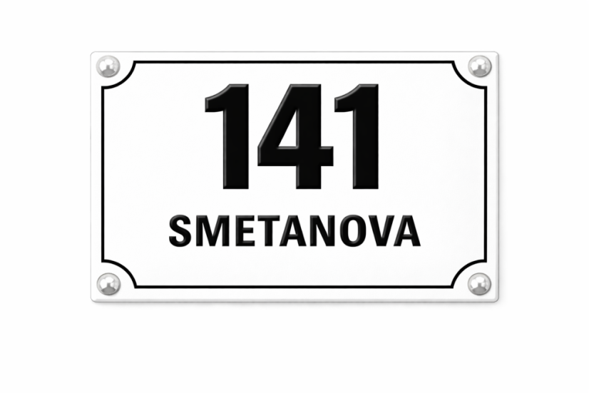 Smaltované Orientační číslo s dodatkovým řádkem - Rozměr: 200x160 mm (20x16 cm), Barva podkladu: bílá, Barva písma: černá
