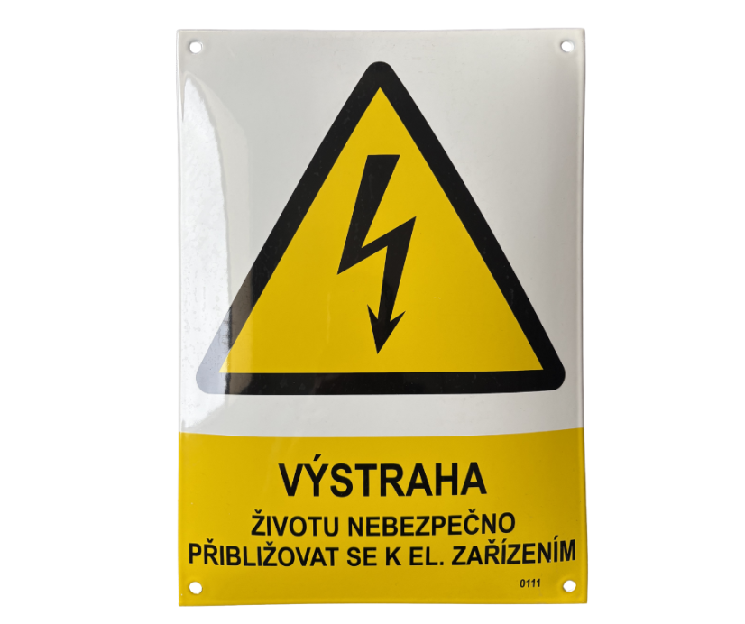 Smaltovaná cedule Výstraha - životu nebezpečno přibližovat se k el. zařízením - 210x297 mm