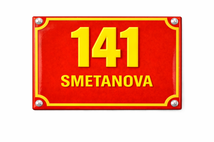 Smaltované Domovní číslo s dodatkovým řádkem - Rozměr: 200x160 mm (20x16 cm), Barva podkladu: červená, Barva písma: žlutá