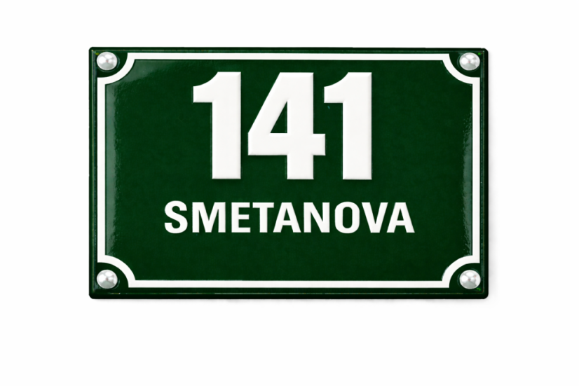 Smaltované Číslo popisné s dodatkovým řádkem - Rozměr: 250x200 mm (25x20 cm), Barva podkladu: tmavě zelená, Barva písma: bílá