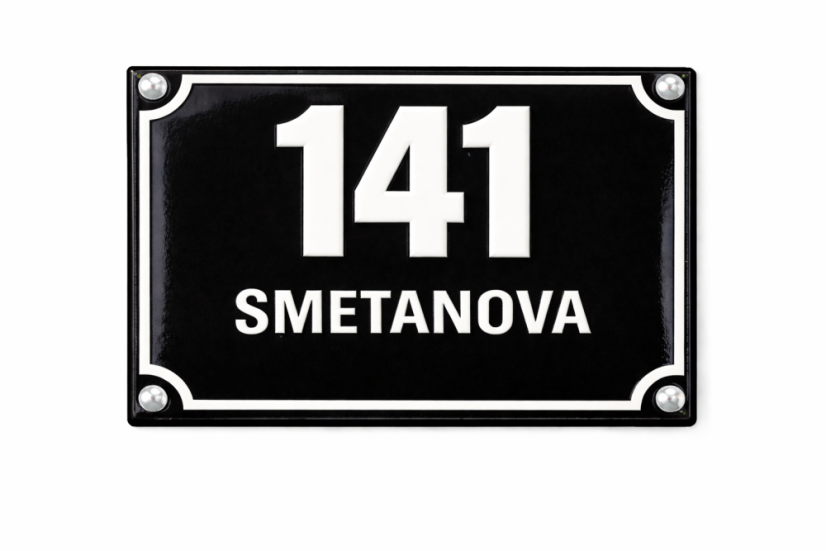 Smaltované Číslo popisné s dodatkovým řádkem - Rozměr: 200x160 mm (20x16 cm), Barva podkladu: černá, Barva písma: bílá