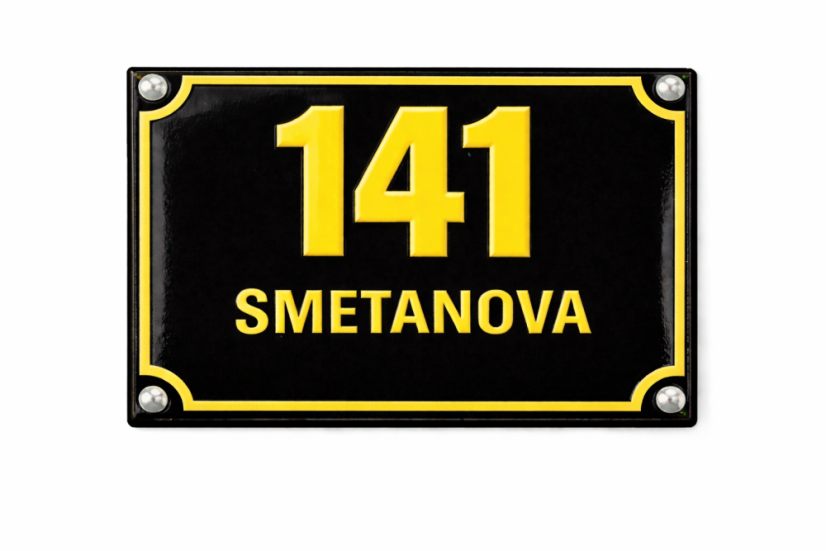 Smaltované Číslo popisné s dodatkovým řádkem - Rozměr: 200x150 mm (20x15  cm), Barva podkladu: černá, Barva písma: žlutá