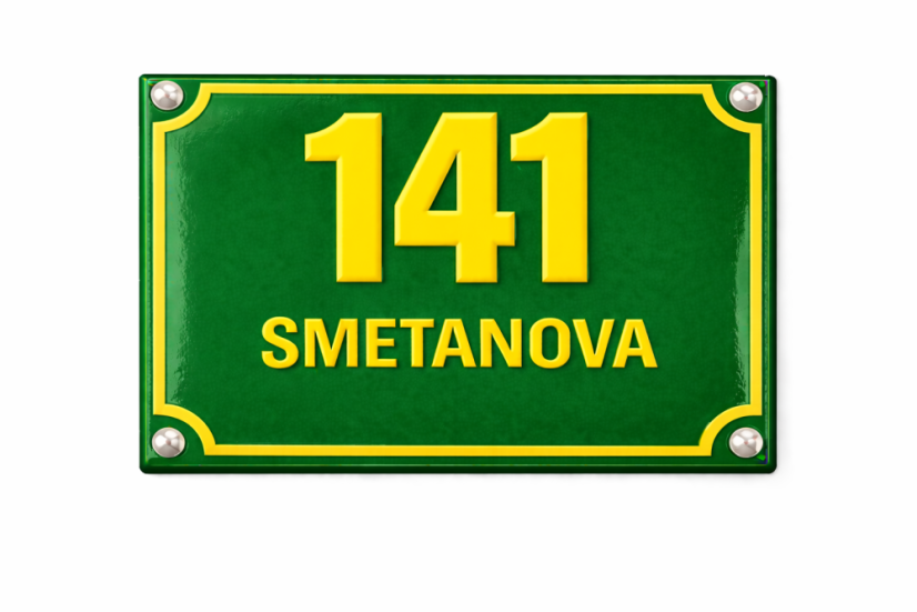 Smaltované Domovní číslo s dodatkovým řádkem - Rozměr: 200x160 mm (20x16 cm), Barva podkladu: zelená, Barva písma: žlutá