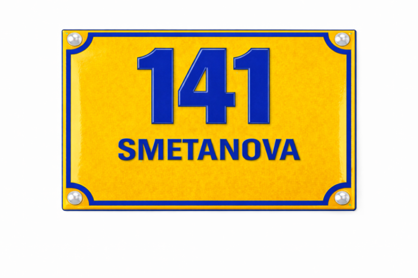Smaltované Orientační číslo s dodatkovým řádkem - Rozměr: 250x200 mm (25x20 cm), Barva podkladu: žlutá, Barva písma: modrá