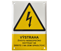 Smaltovaná cedule Výstraha životu nebezpečno dotýkat se drátů i na zem spadlých - 210x297 mm
