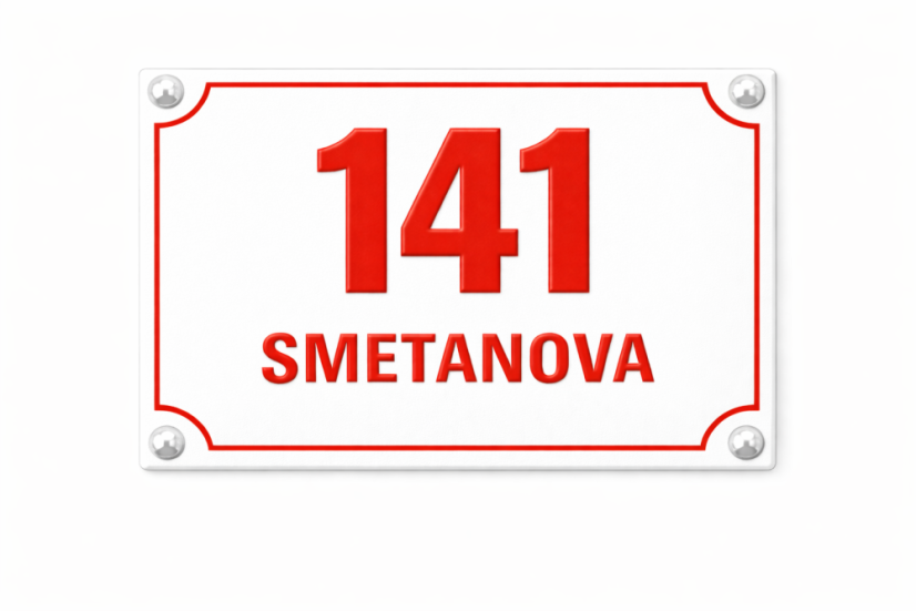 Smaltované Číslo popisné s dodatkovým řádkem - Rozměr: 200x160 mm (20x16 cm), Barva podkladu: bílá, Barva písma: červená