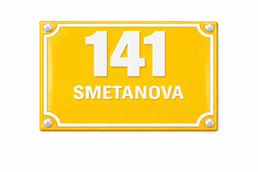 Smaltované Orientační číslo s dodatkovým řádkem - Rozměr: 200x150 mm (20x15  cm), Barva podkladu: žlutá, Barva písma: bílá