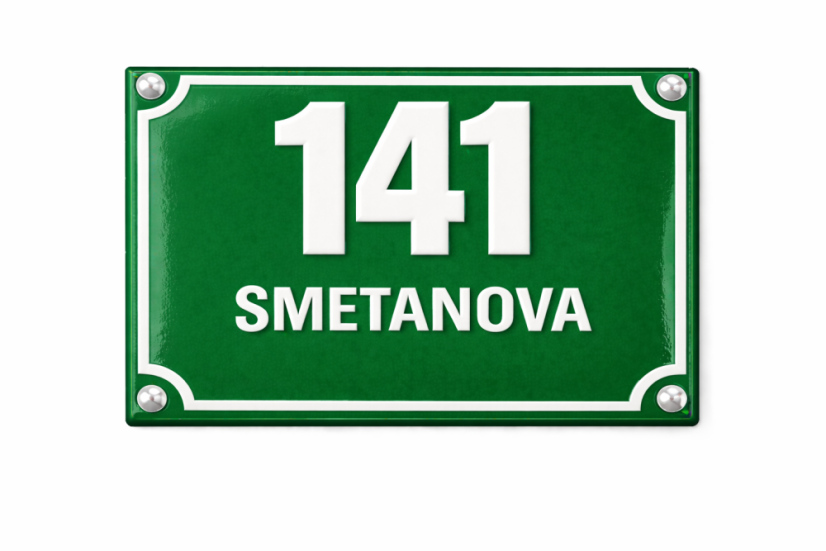 Orientační číslo s dodatkovým řádkem - Rozměr: 250x200 mm (25x20 cm), Barva podkladu: zelená, Barva písma: bílá