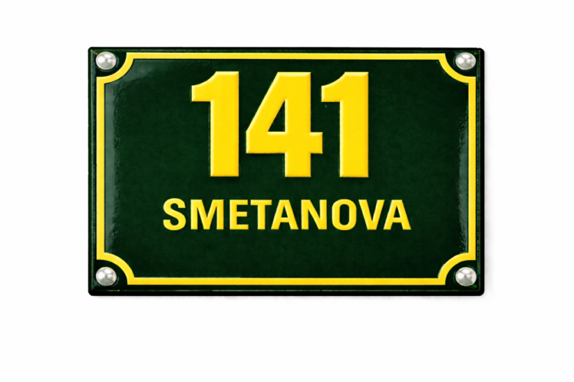 Evidenční číslo  s dodatkovým řádkem - Rozměr: 200x160 mm (20x16 cm), Barva podkladu: tmavě zelená, Barva písma: žlutá