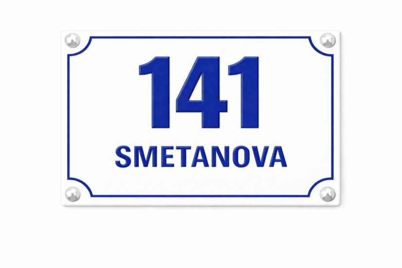 Orientační číslo s dodatkovým řádkem - Rozměr: 200x160 mm (20x16 cm), Barva podkladu: bílá, Barva písma: modrá