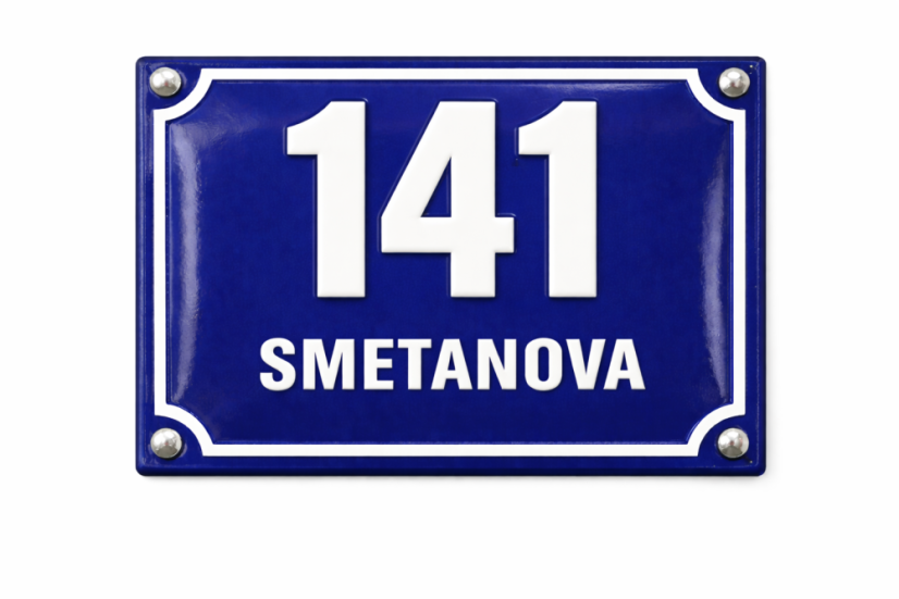 Orientační číslo s dodatkovým řádkem - Rozměr: 250x200 mm (25x20 cm), Barva podkladu: modrá, Barva písma: bílá