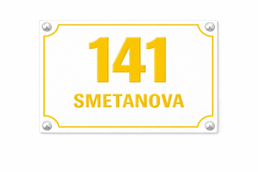Domovní číslo s dodatkovým řádkem - Rozměr: 200x150 mm (20x15  cm), Barva podkladu: bílá, Barva písma: žlutá