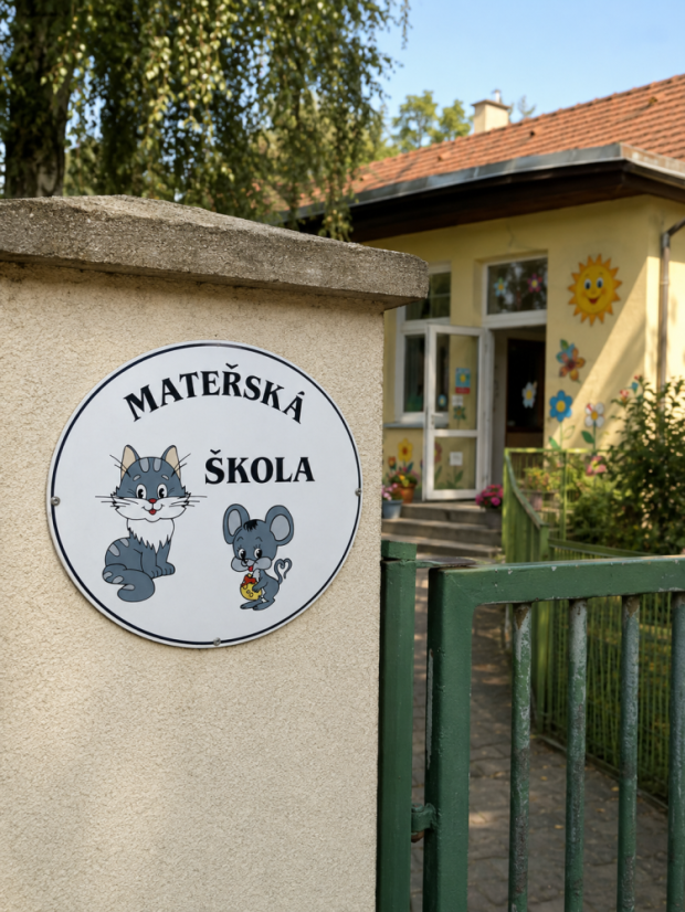 Smaltovaná cedule MATEŘSKÁ ŠKOLA - kočka a myš - ovál 67x52 cm