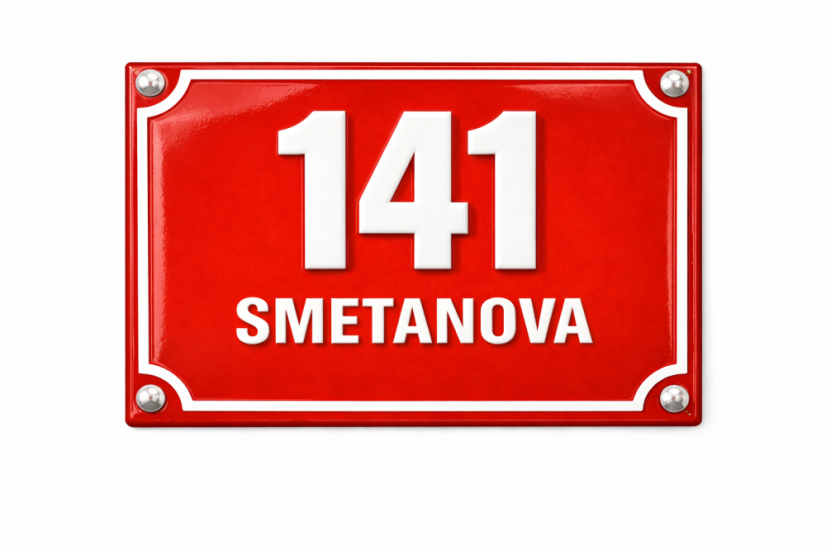 Orientační číslo s dodatkovým řádkem - Rozměr: 250x200 mm (25x20 cm), Barva podkladu: červená, Barva písma: bílá