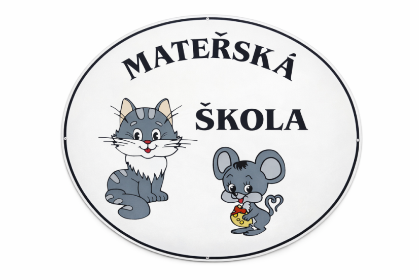 Smaltovaná cedule MATEŘSKÁ ŠKOLA - kočka a myš - ovál 67x52 cm
