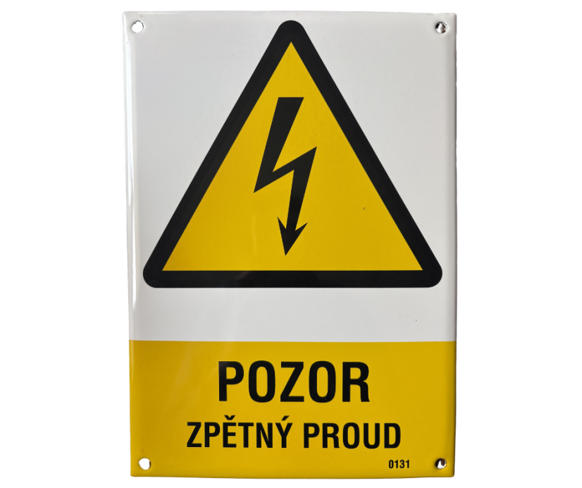 Smaltovaná cedule Pozor zpětný proud - 210x297 mm