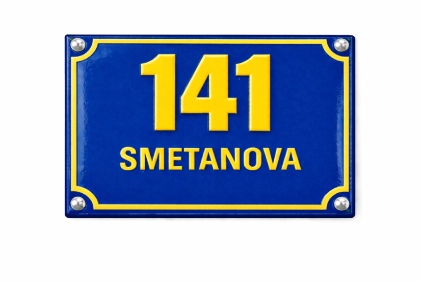 Smaltované Evidenční číslo  s dodatkovým řádkem - Rozměr: 200x150 mm (20x15  cm), Barva podkladu: modrá, Barva písma: žlutá